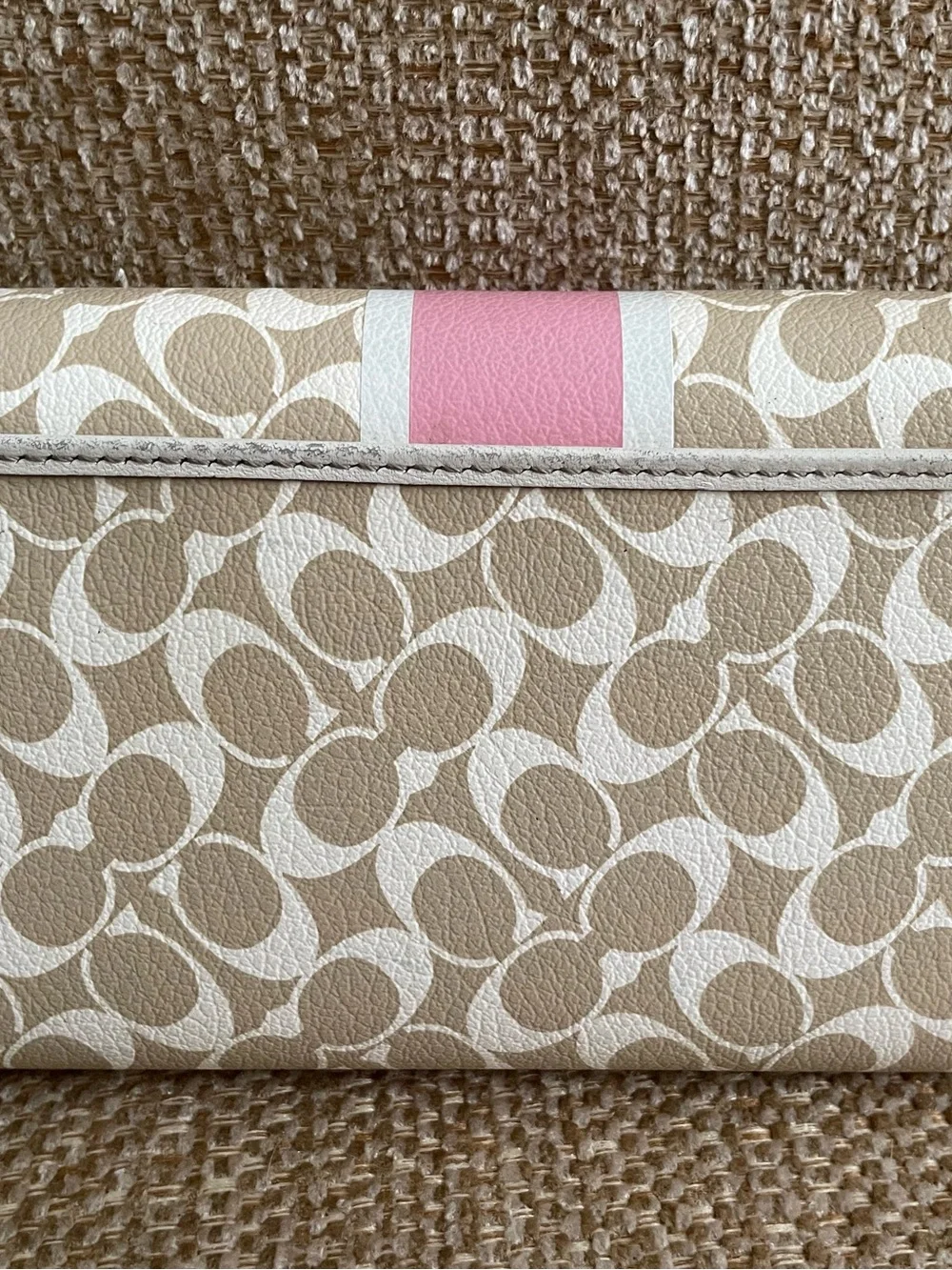 Coach Beige Signature leather Trifold Wallet with Pink Center Stripe